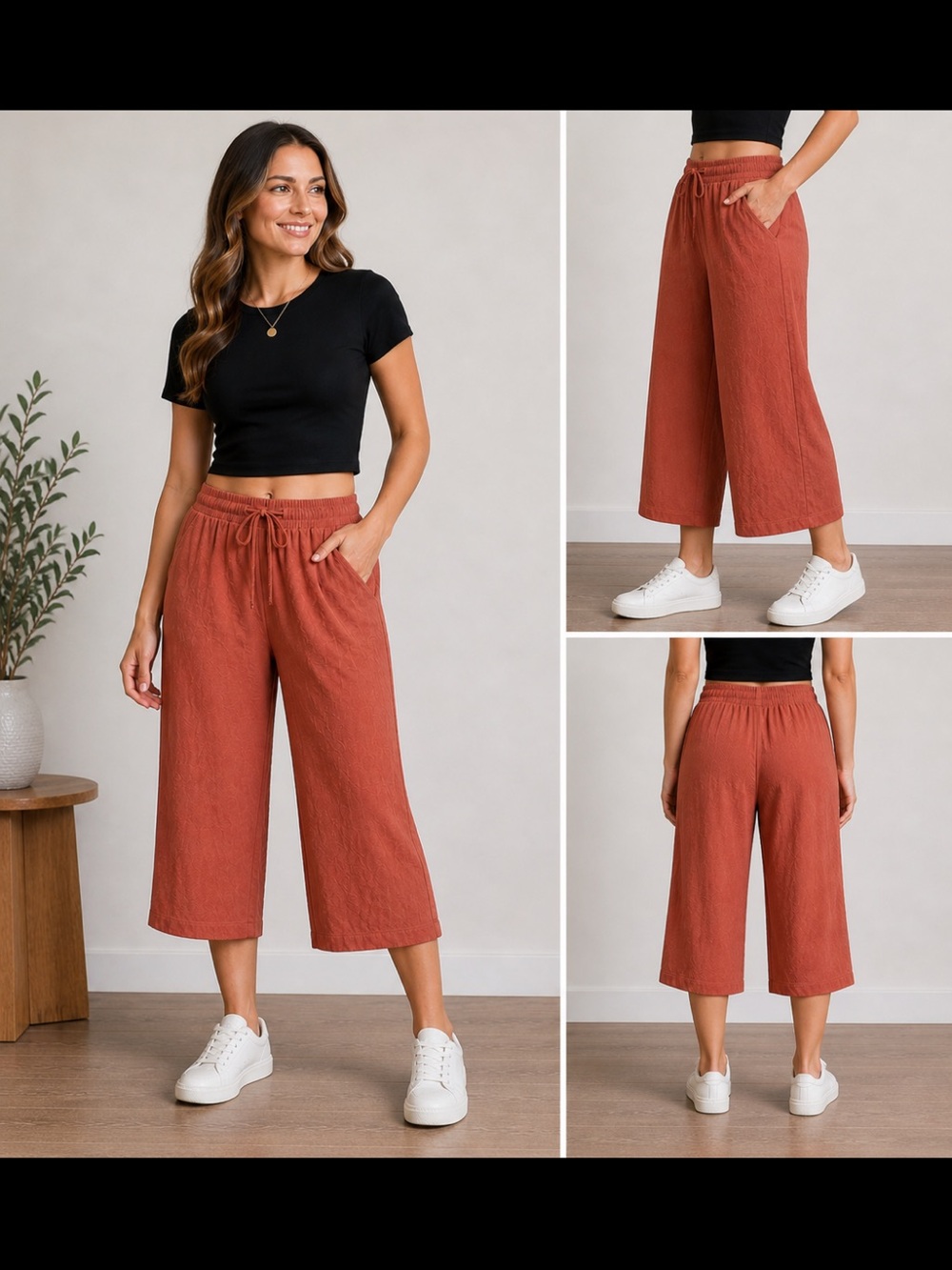 Rust Cropped Wide Leg Pants Women Linen Blend Drawstring Elastic Waist Boho